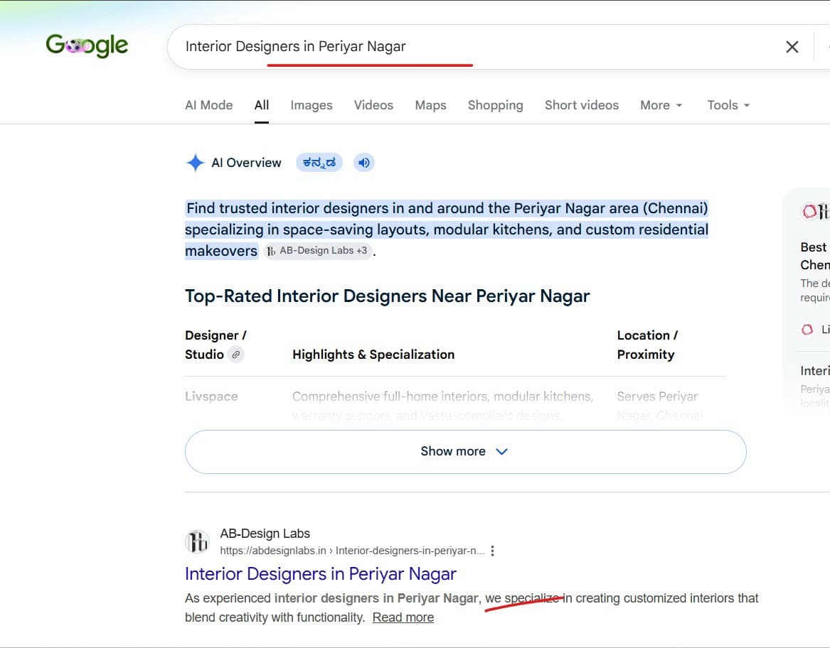 Location-based AI Overview ranking - Interior Designers in Periyar Nagar