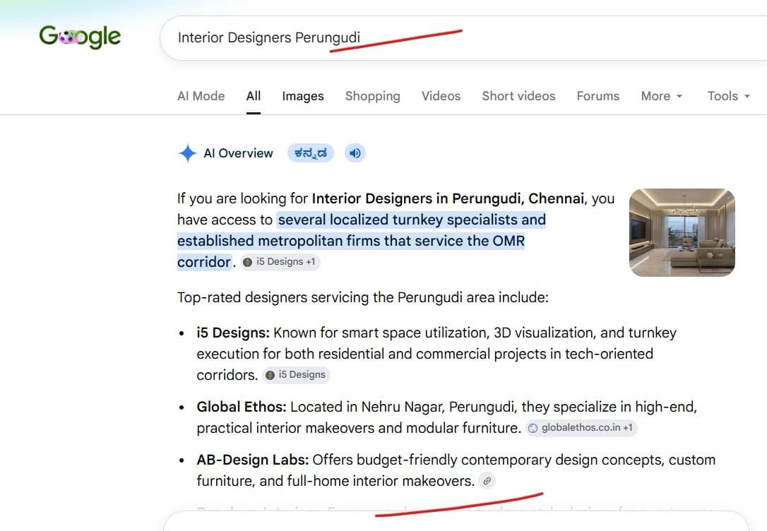 Location-based AI Overview ranking - Interior Designers in Perungudi