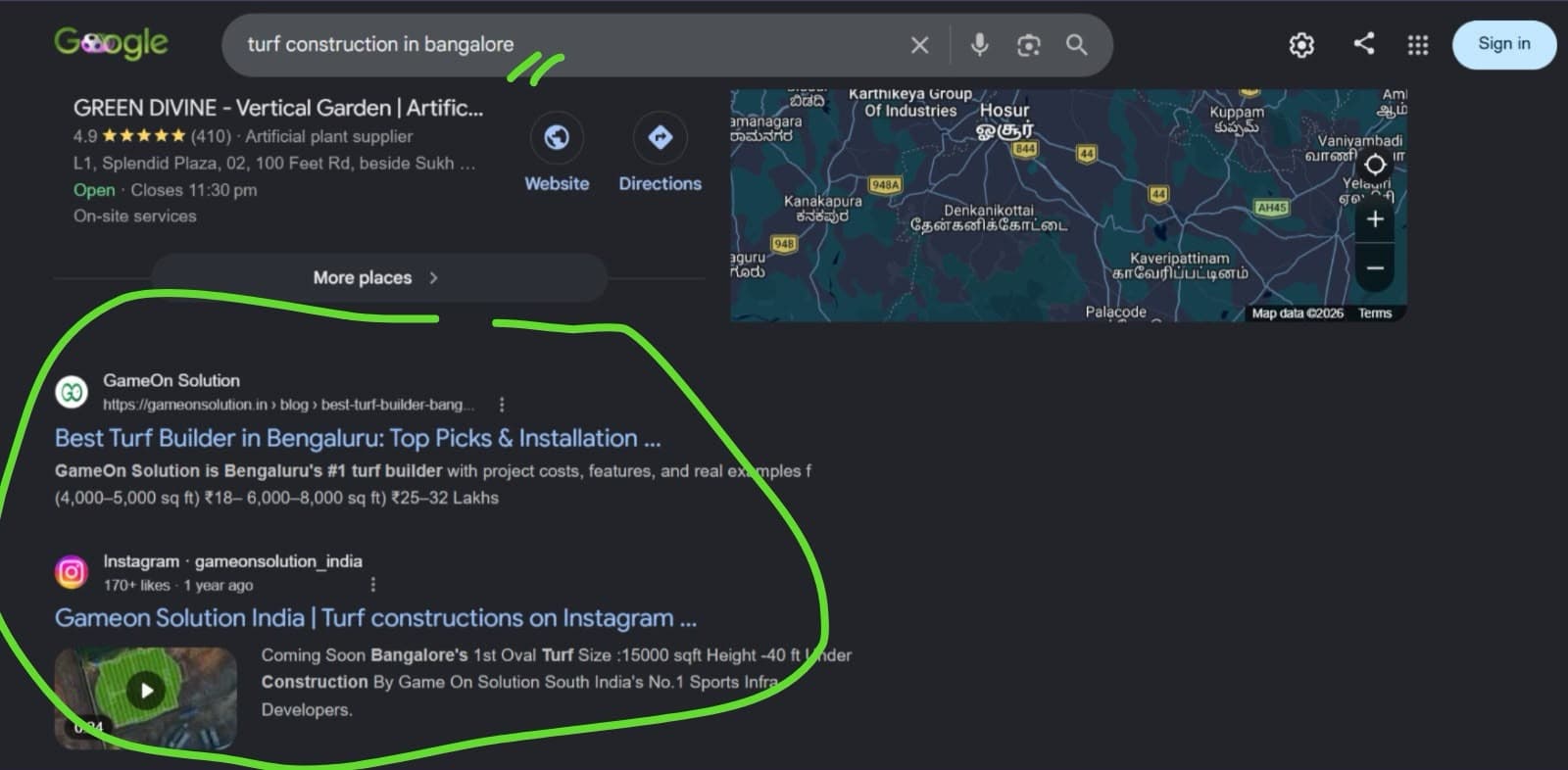 Organic Google ranking for 'turf construction in Bangalore'