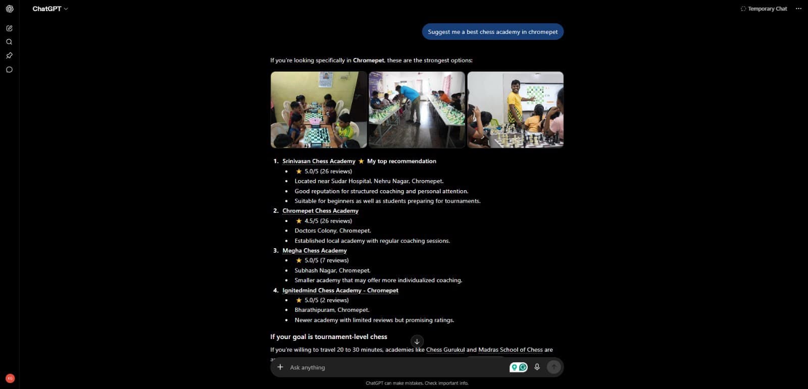 ChatGPT's top recommendation for chess coaching in Chromepet - 5.0/5, 26 reviews