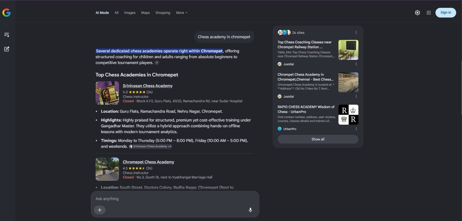 Google AI Mode - full listing detail: location, timings, reviews